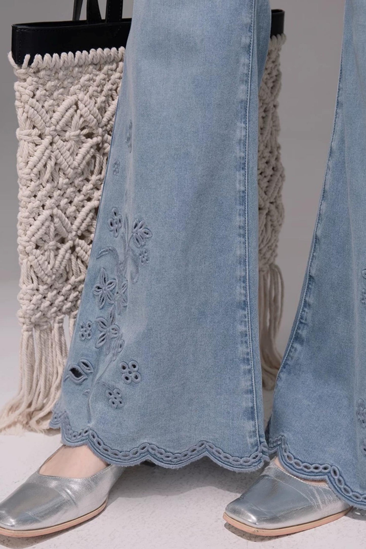 Laser Embroidery Denim Pants