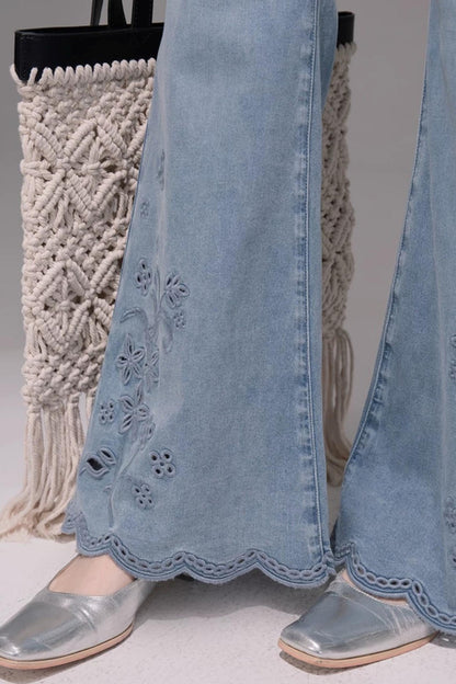 Laser Embroidery Denim Pants