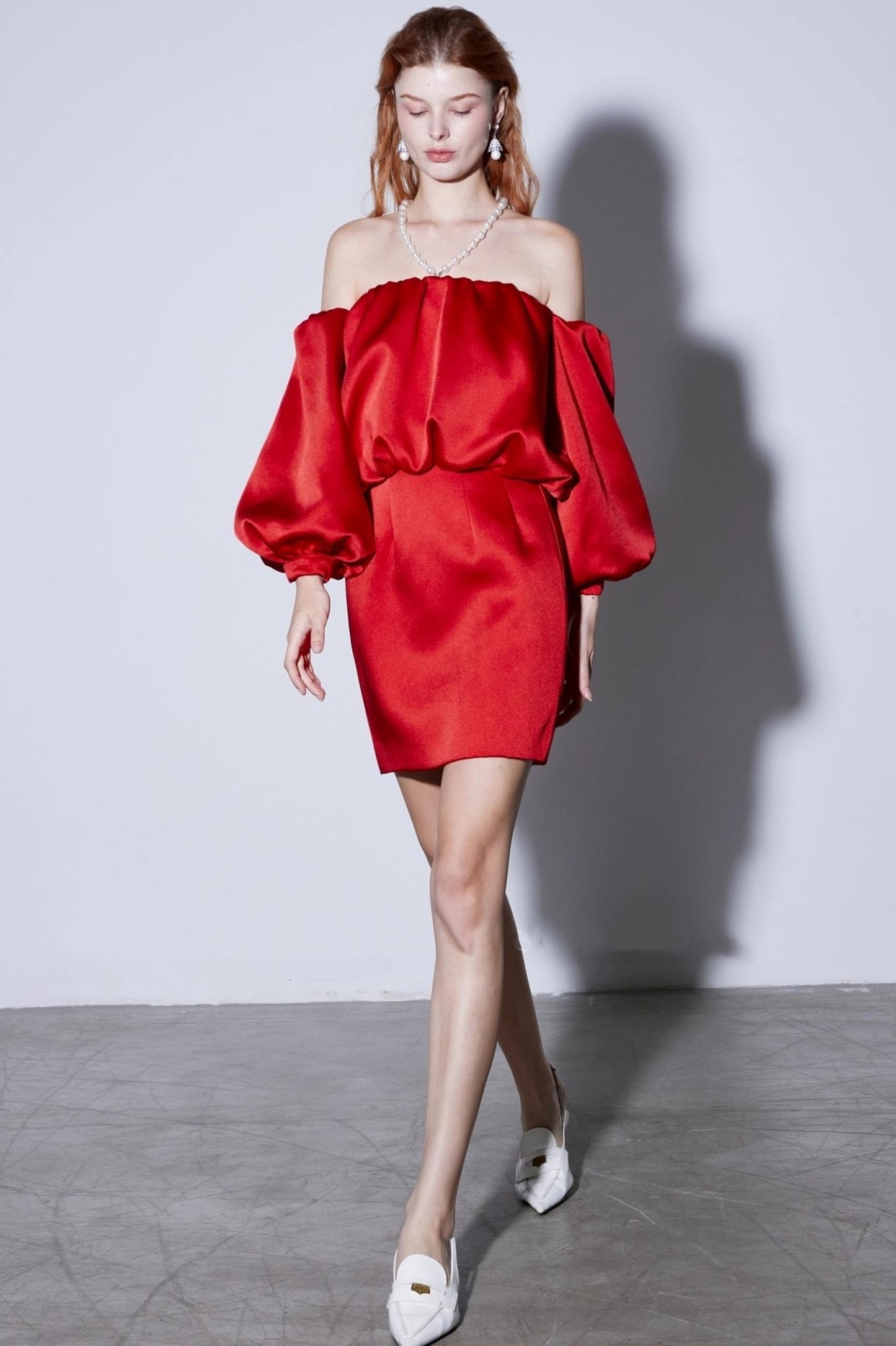 Autumn Pearl Lantern Sleeve Satin Dress