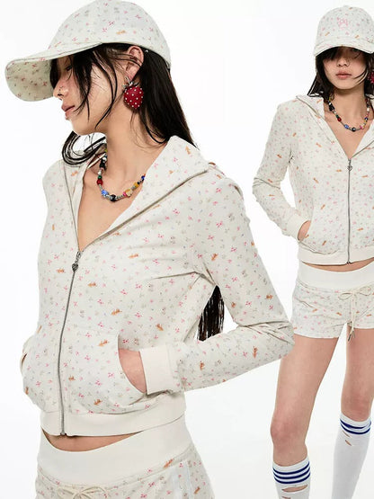 Animal Flower Print Zip-Up Hoodie & Short Pants Set Up