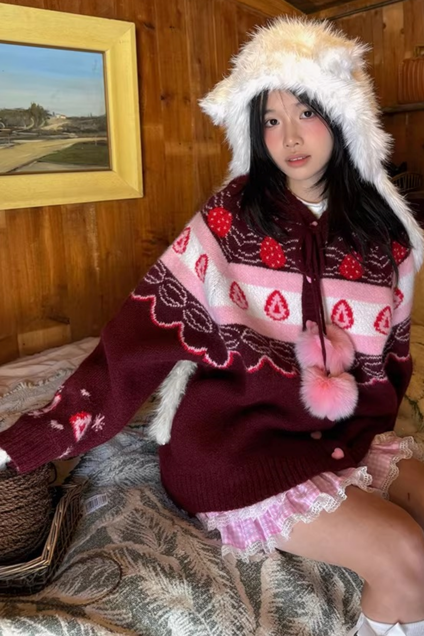 Fair Isle Strickjacke mit Erdbeermuster