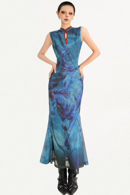 Robe queue de poisson réversible à motif peinture à l’huile