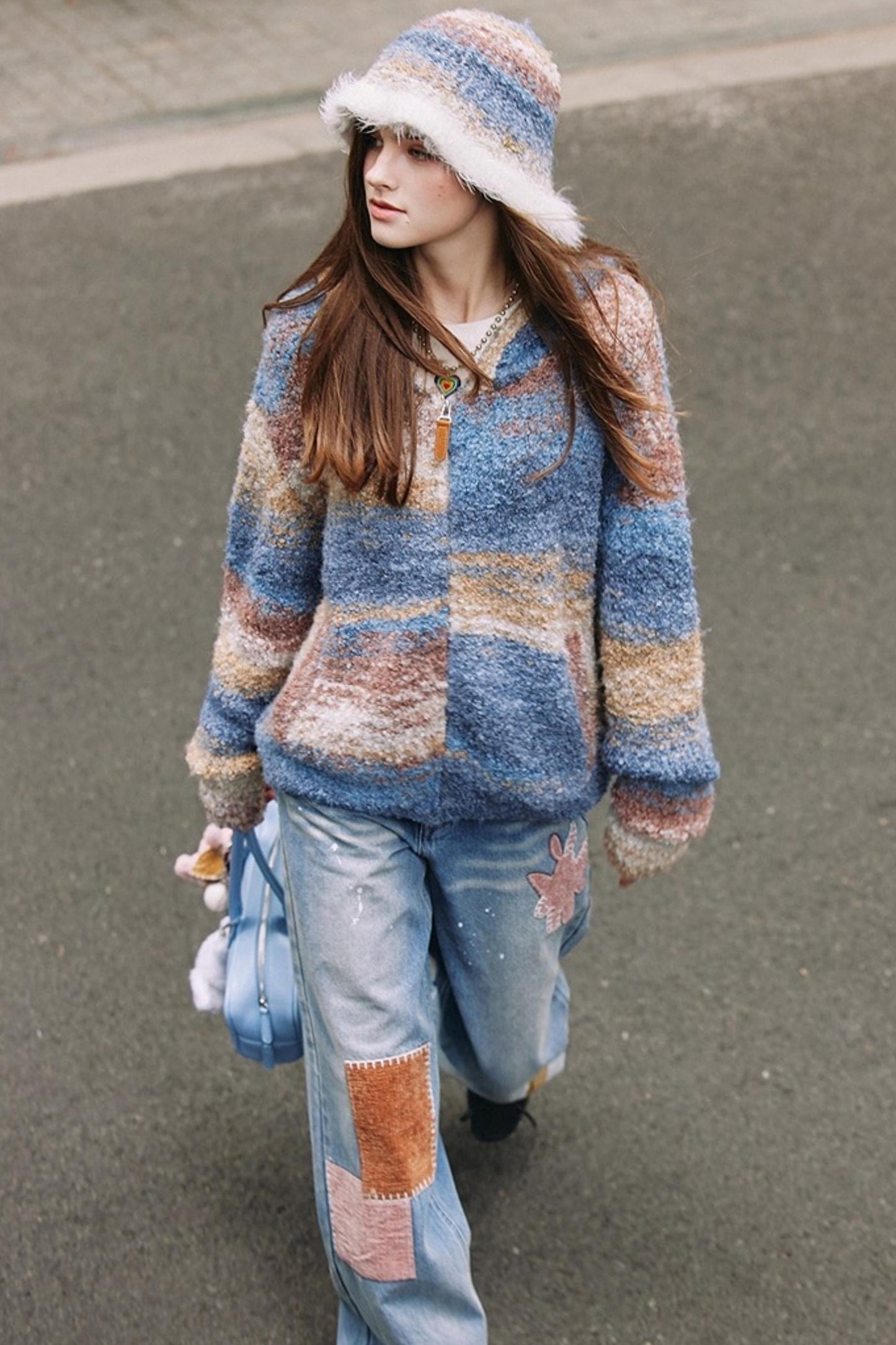 Blue Gradient Hooded Wool Cardigan