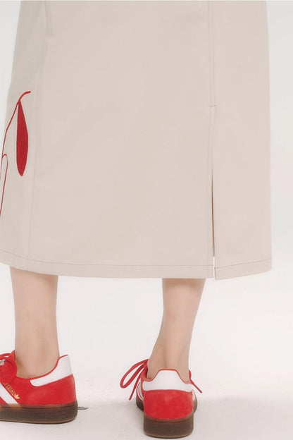 Red Cherry Embroidered Midi Skirt