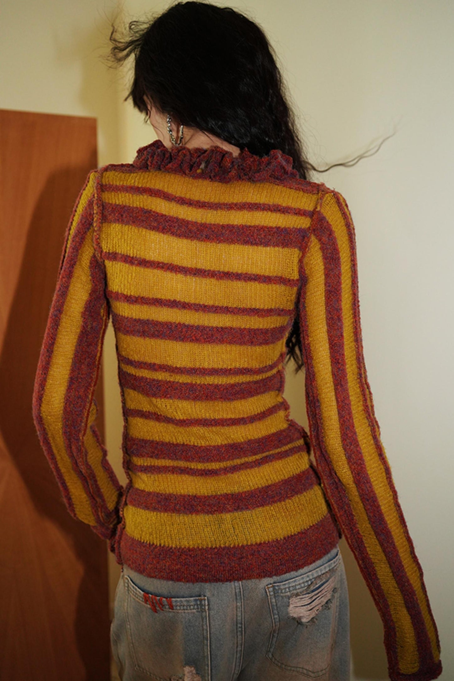 Fungus-Trimmed Striped Wool Knit Top