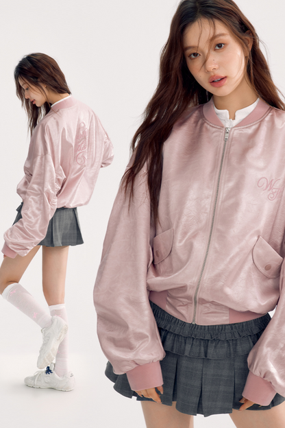 Loose Satin Baseball Style Jacket