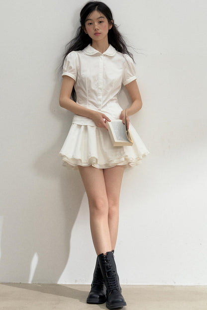 Lace-Collared Cotton Blouse Set-Up