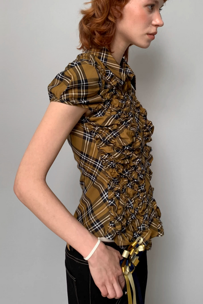 Yellow Plaid Puff-Sleeve Blouse