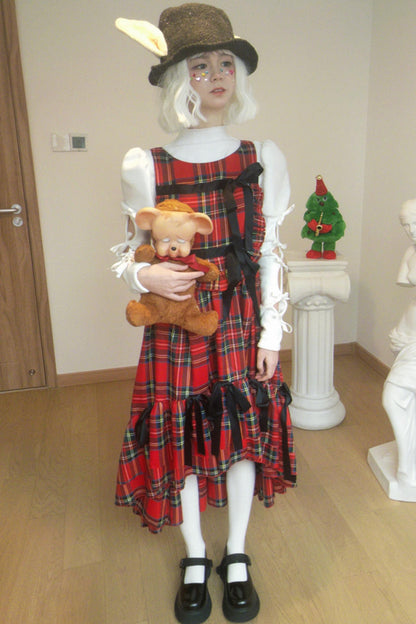 Red Plaid Velvet Long Christmas Dress