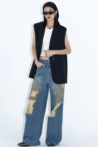 Deconstructed Distressed Wide-Leg Jeans