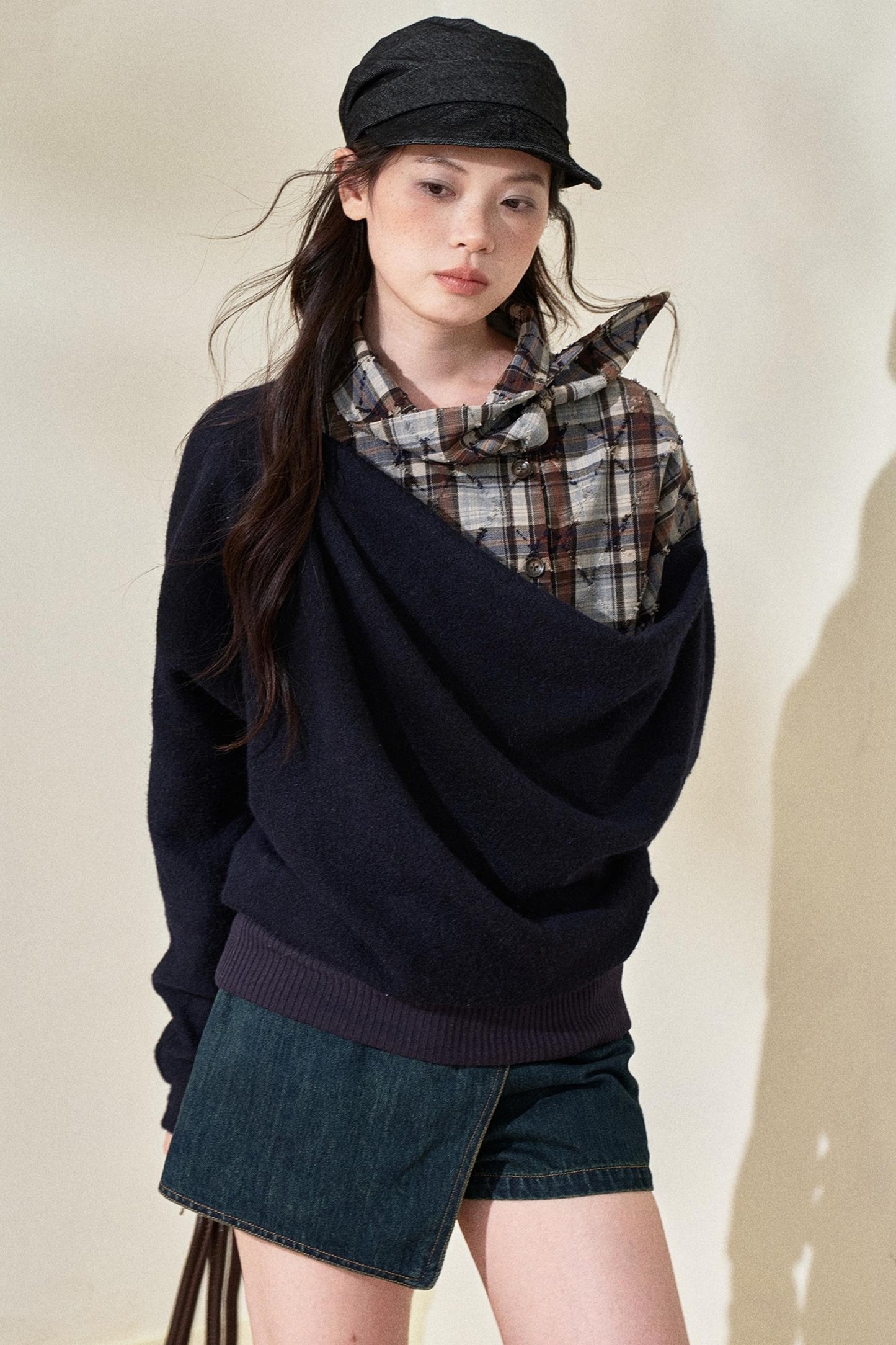 Blue Plaid Wool Fake Two-Piece Top