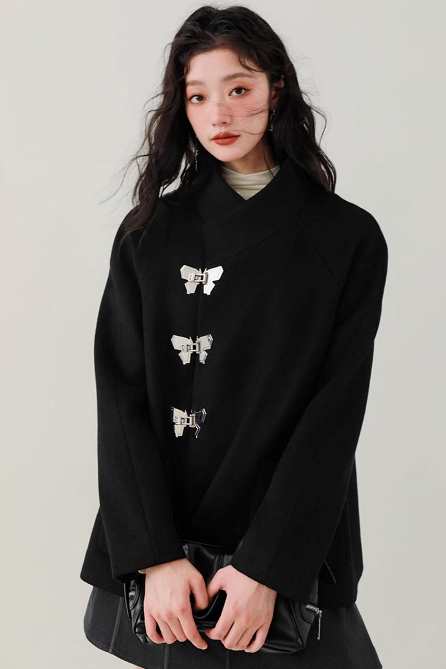 Black Woolen Butterfly Buckle Coat