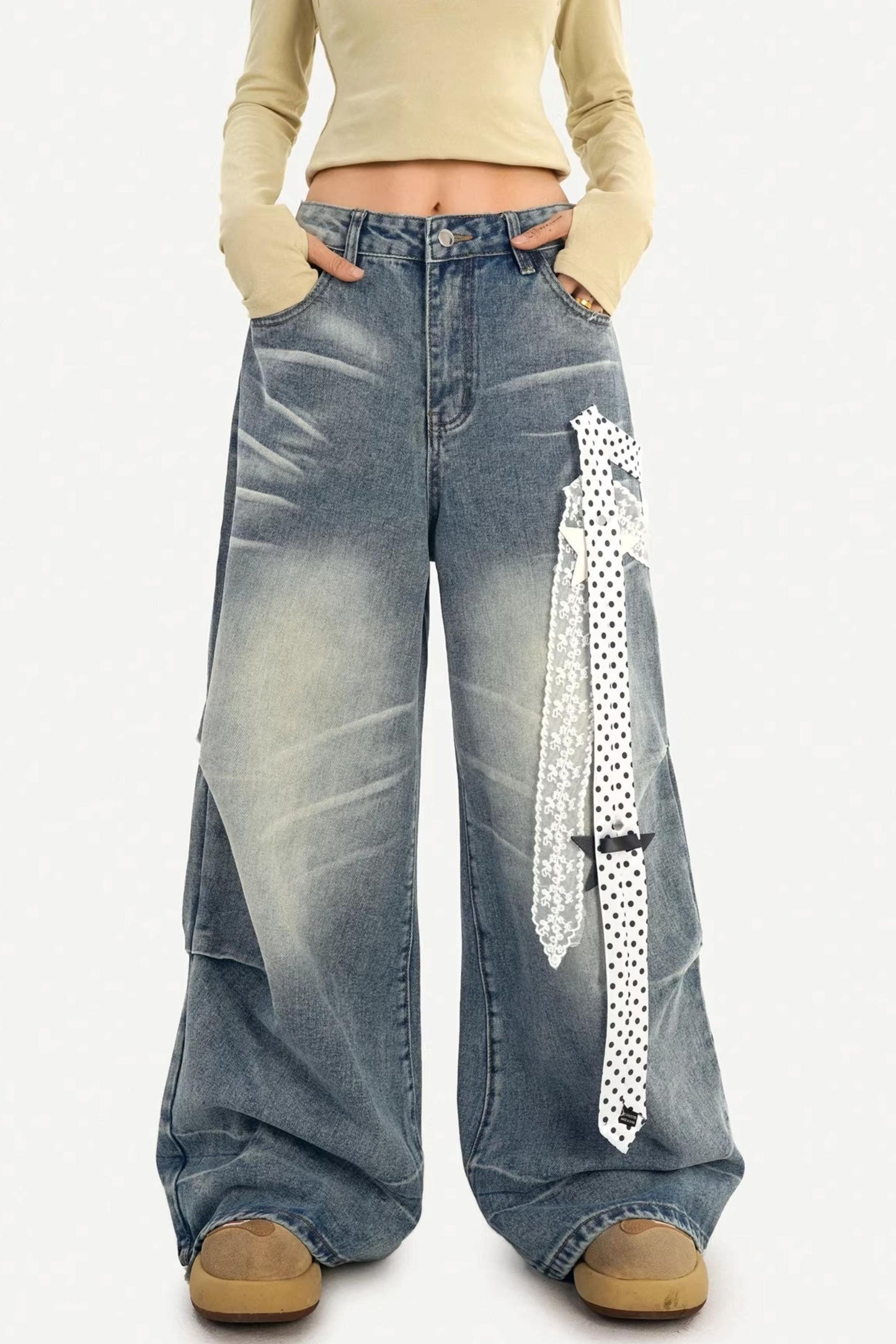 Textured Wide-Leg Denim Pants