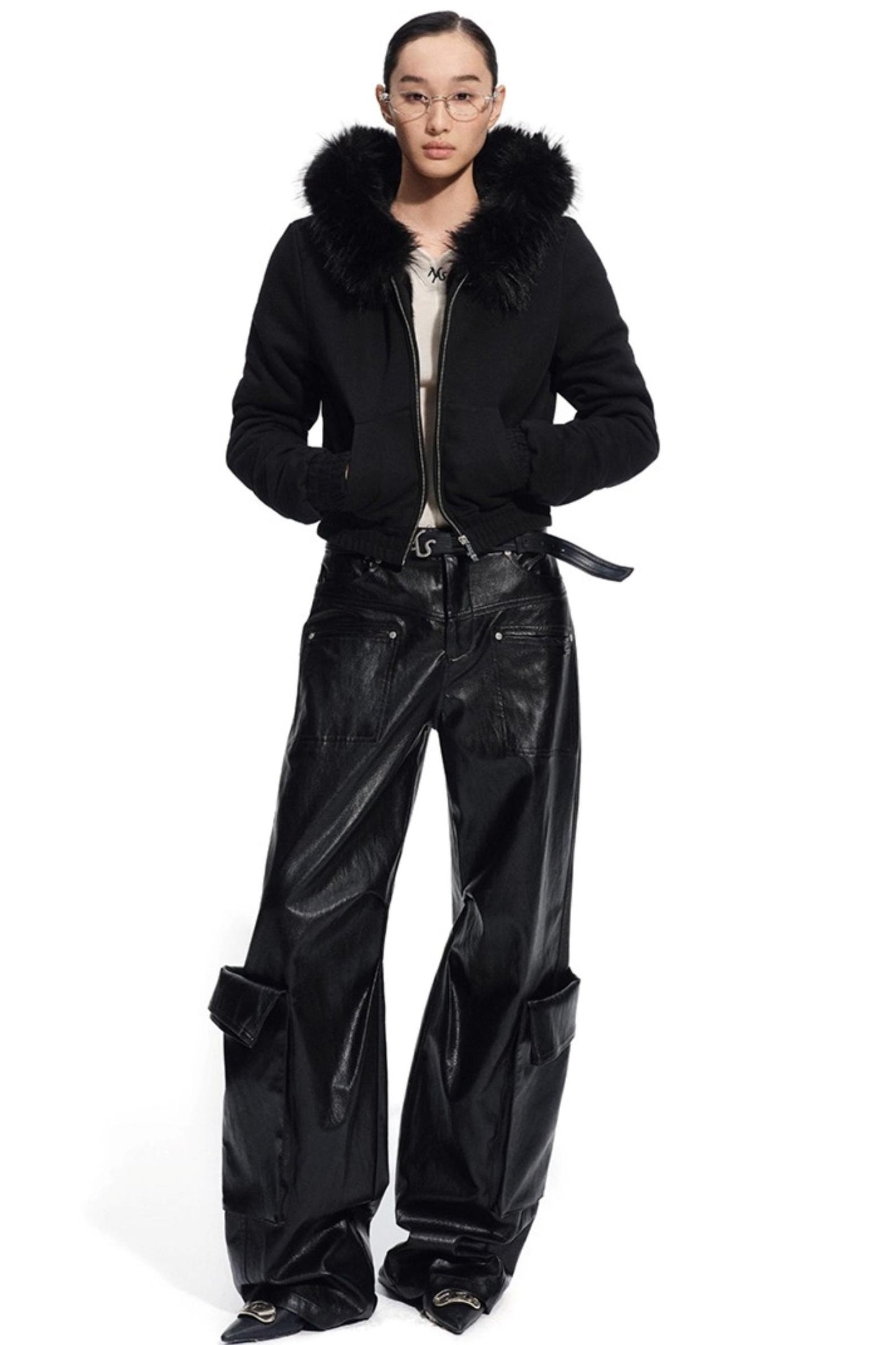 Punk Pebbled Wide-Leg Leather Pants
