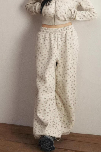 Elastic Floral Fleece Hooded Jacket Set-Up