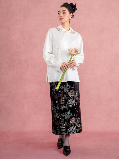 Lotus Flower Embroidery Chinese Blouse