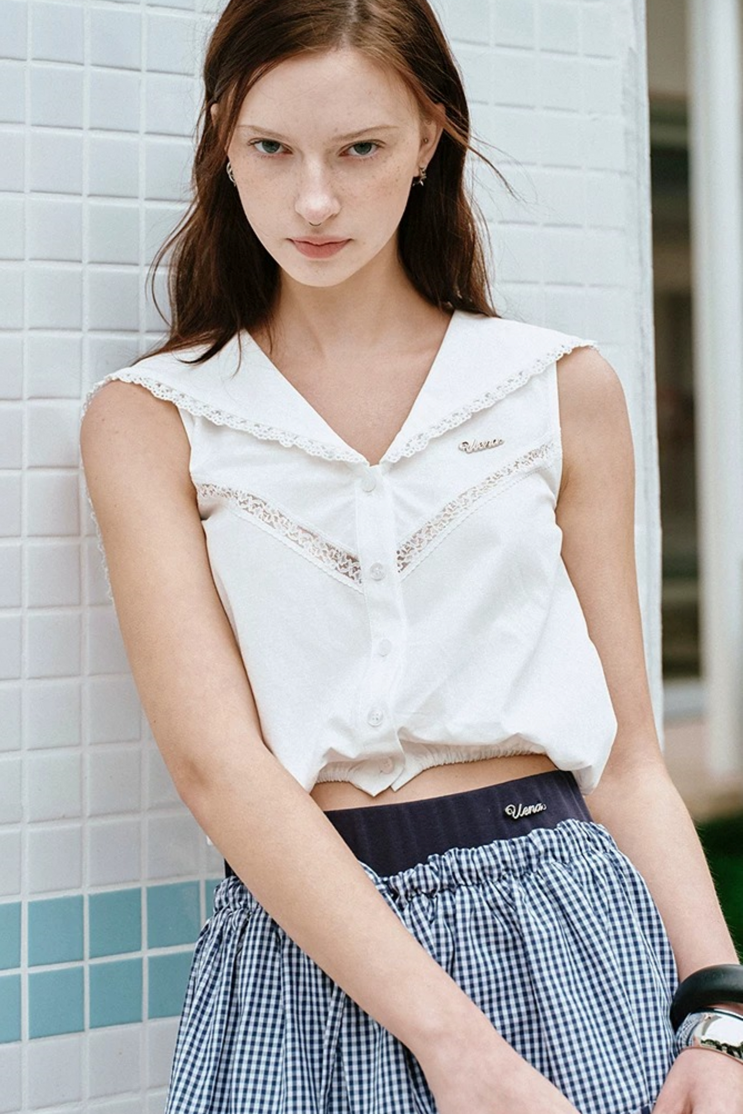 White Lace Navy Blouse