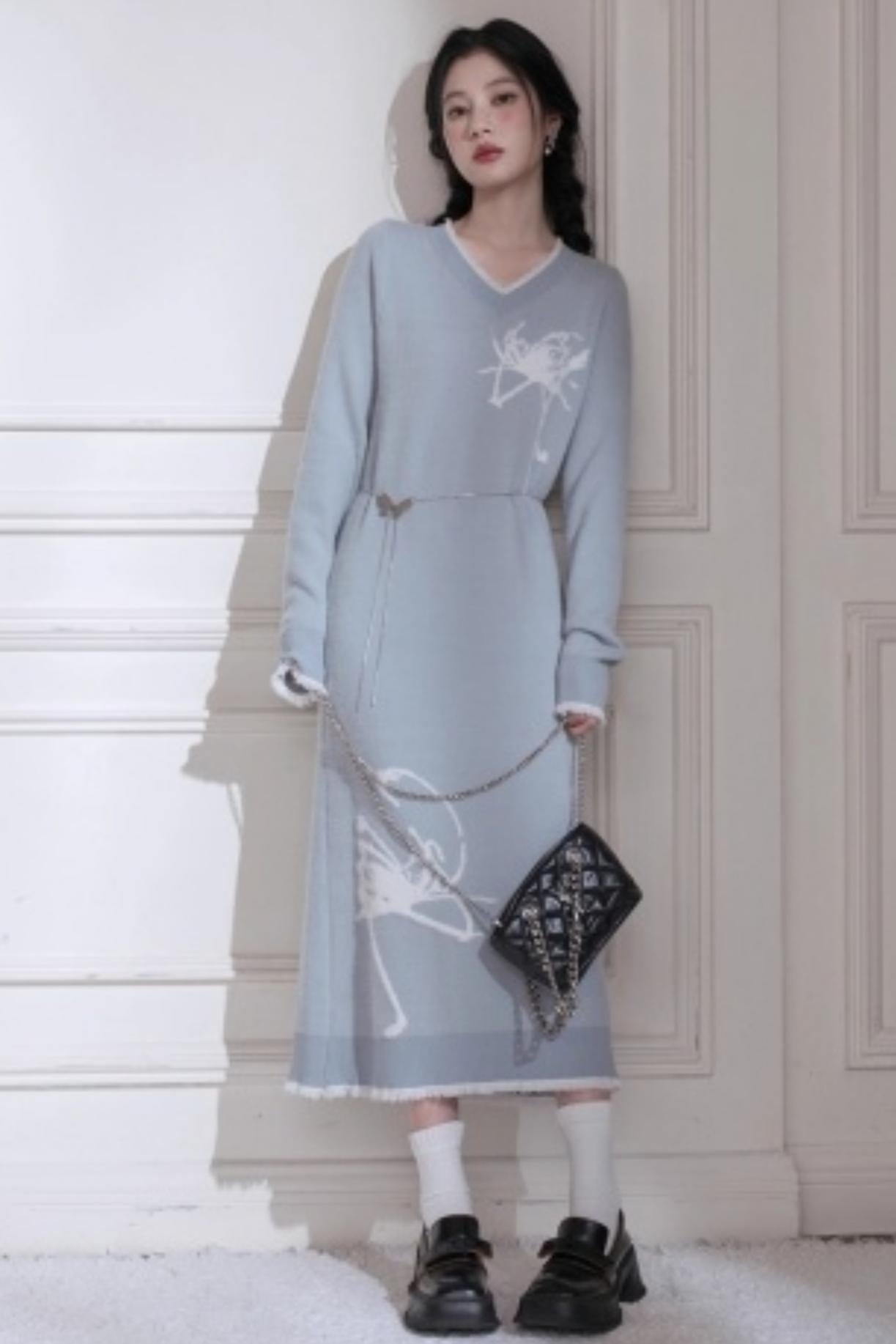 White Butterfly Blue Woolen Dress