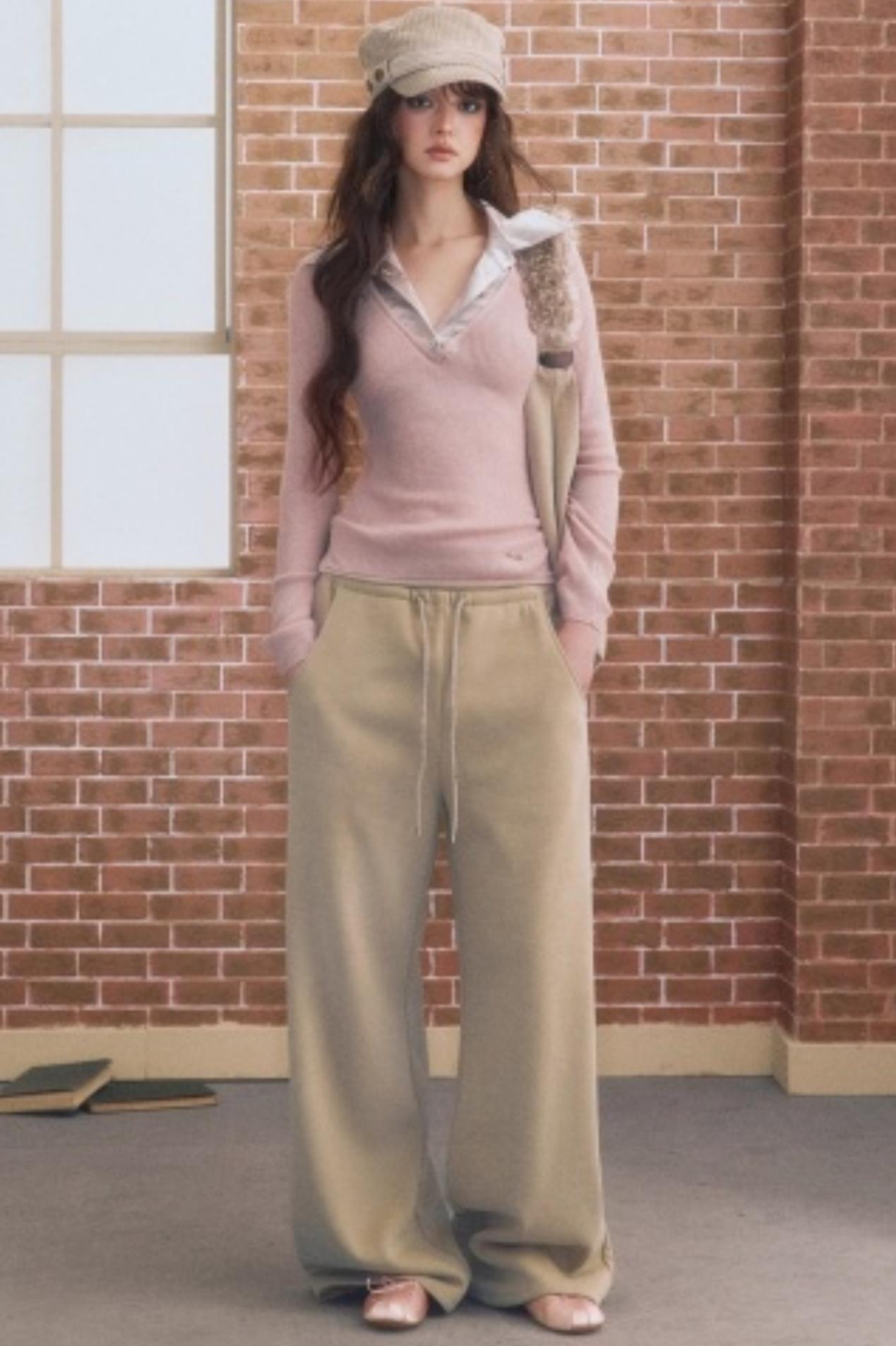 Fake Two-Patchwork Lapel Knit Top