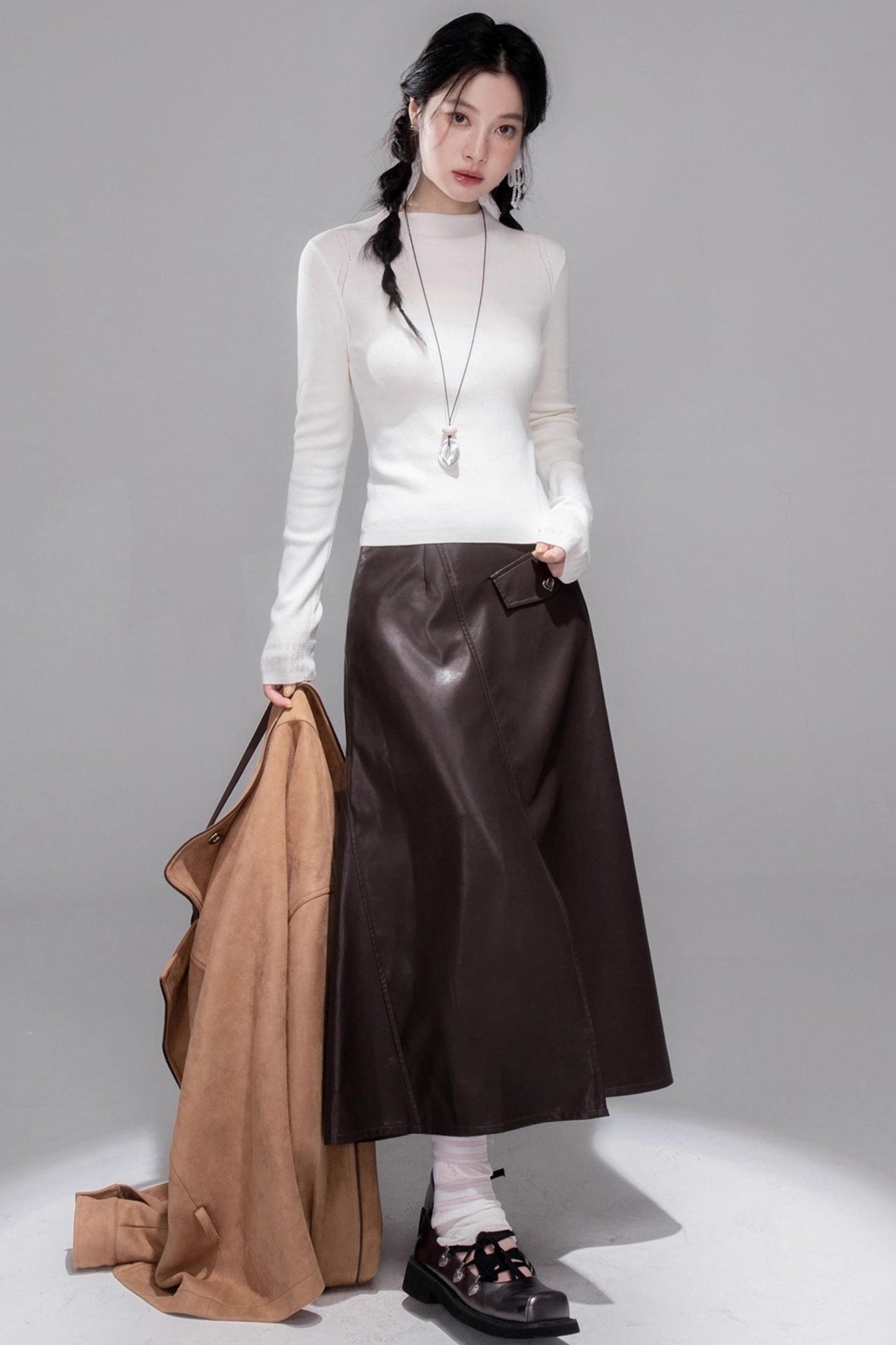 Rich and Crafty Brown Slit Leather Skirt