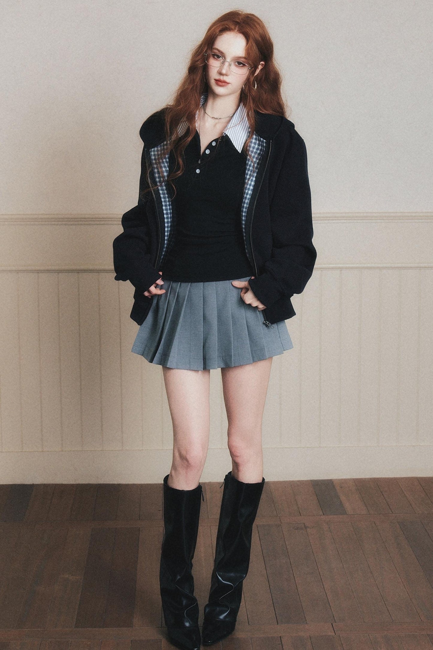 Navy Check Patchwork Hooded Coat