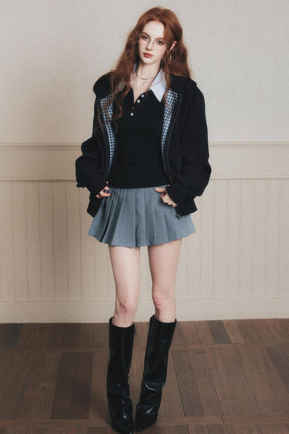 Navy Check Patchwork Hooded Coat