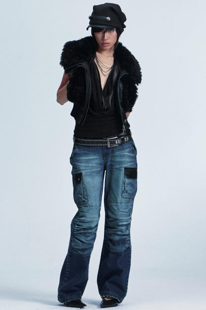 Distressed Denim Patch Pants