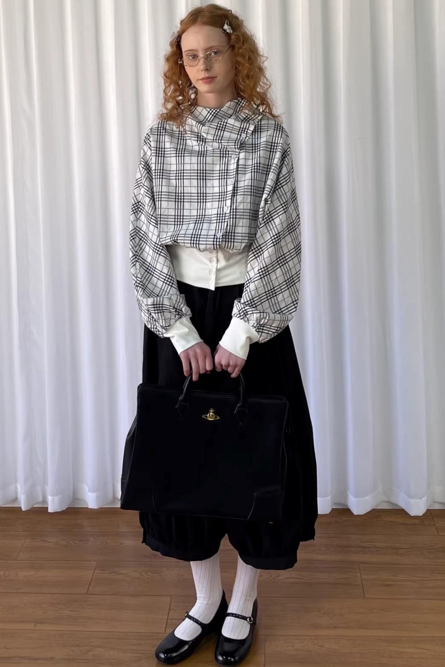 Checkered Pleated Collar Shirt