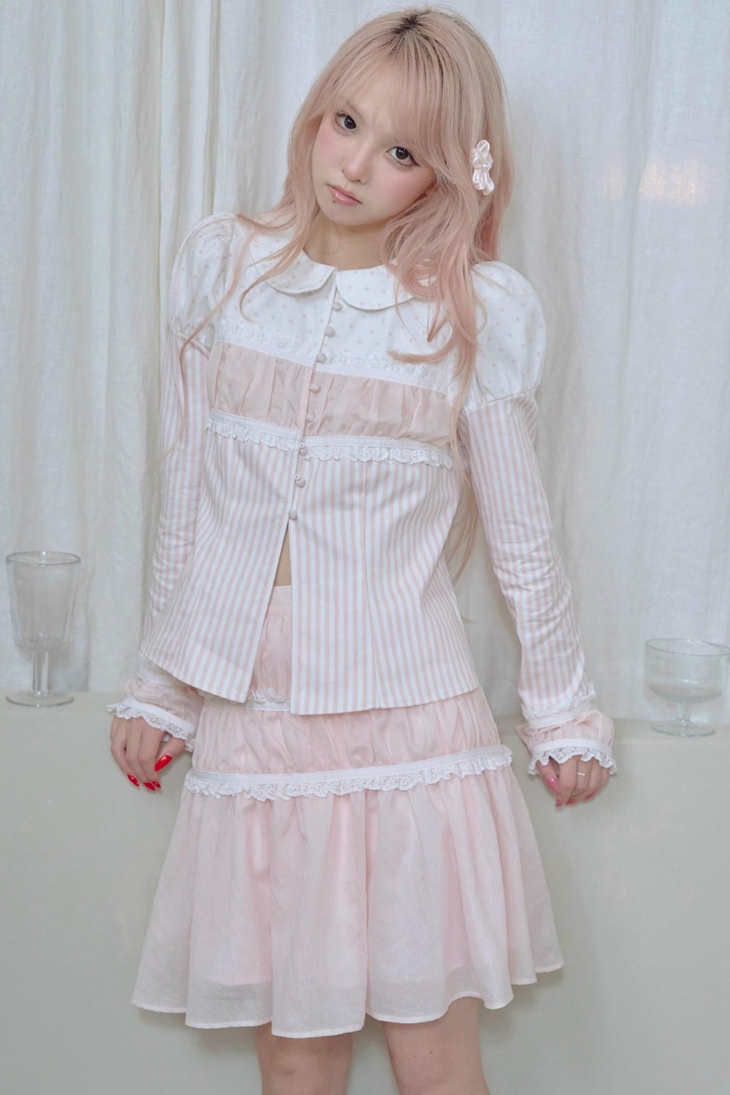 Doll Collar Stripe Lace Top