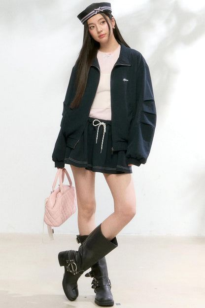 Shirred Zip Contrast Culottes Two-Piece Set-Up