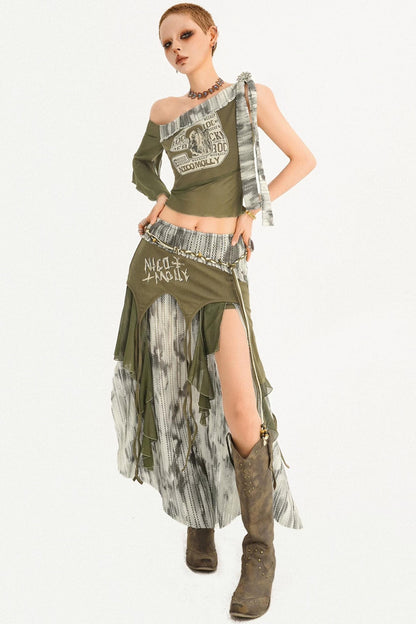 Irregular Patchwork Mesh Skirt