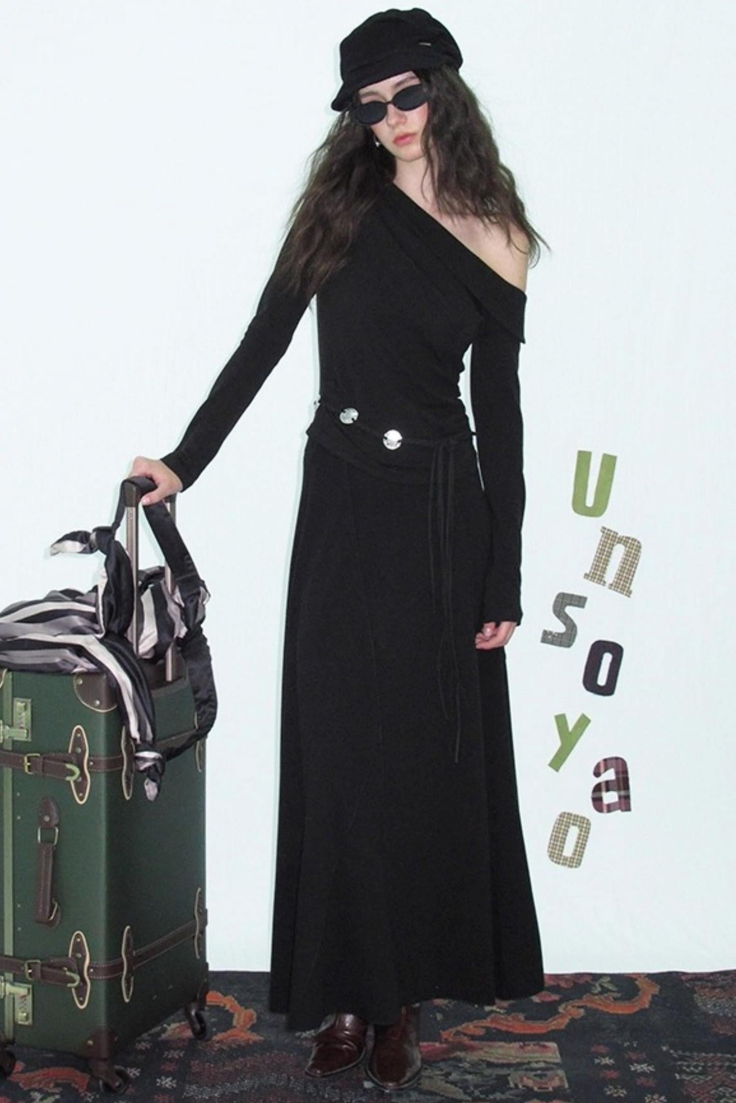 Slanted Shoulder Knit Top Skirt Set-Up