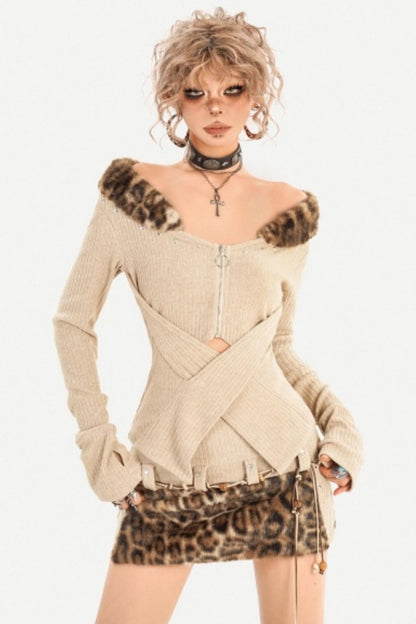 Retro Fur Collar Knit Top Set-Up