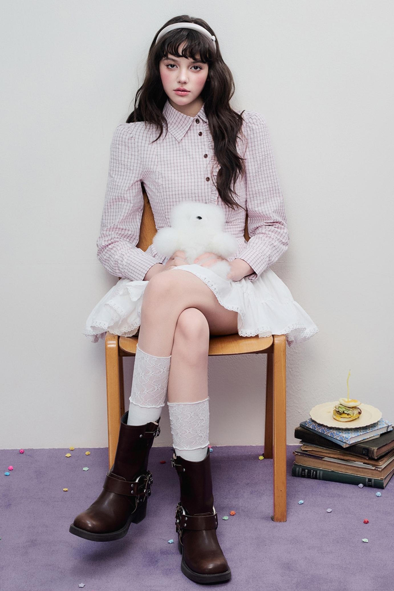 Spring Slim Plaid Ruffle Tie Shirt