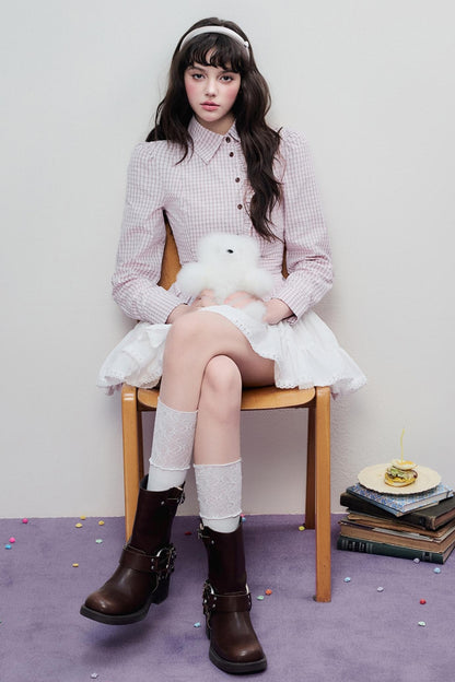 Spring Slim Plaid Ruffle Tie Shirt