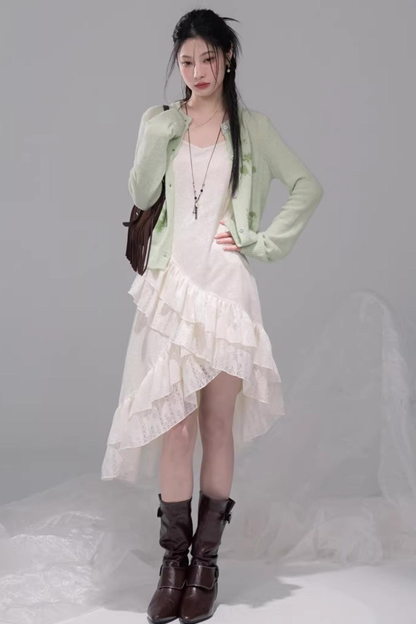 Flowing White Ruffle Dress Set-Up