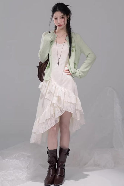 Flowing White Ruffle Dress Set-Up