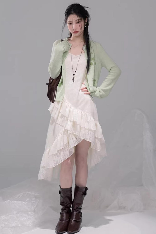 Flowing White Ruffle Dress Set-Up