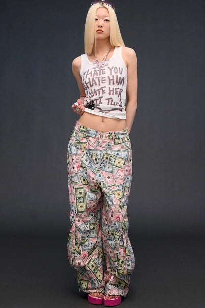 Money Print Wide-Leg Pants