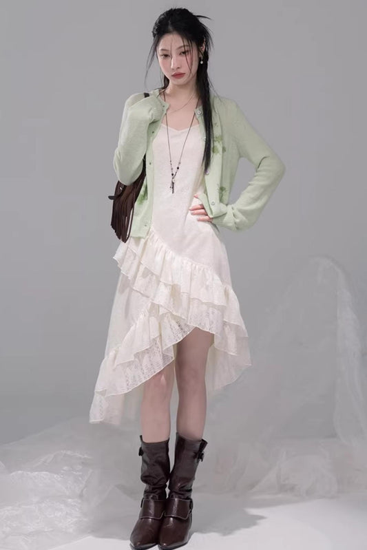 Spring Green Woolen Cardigan Set-Up