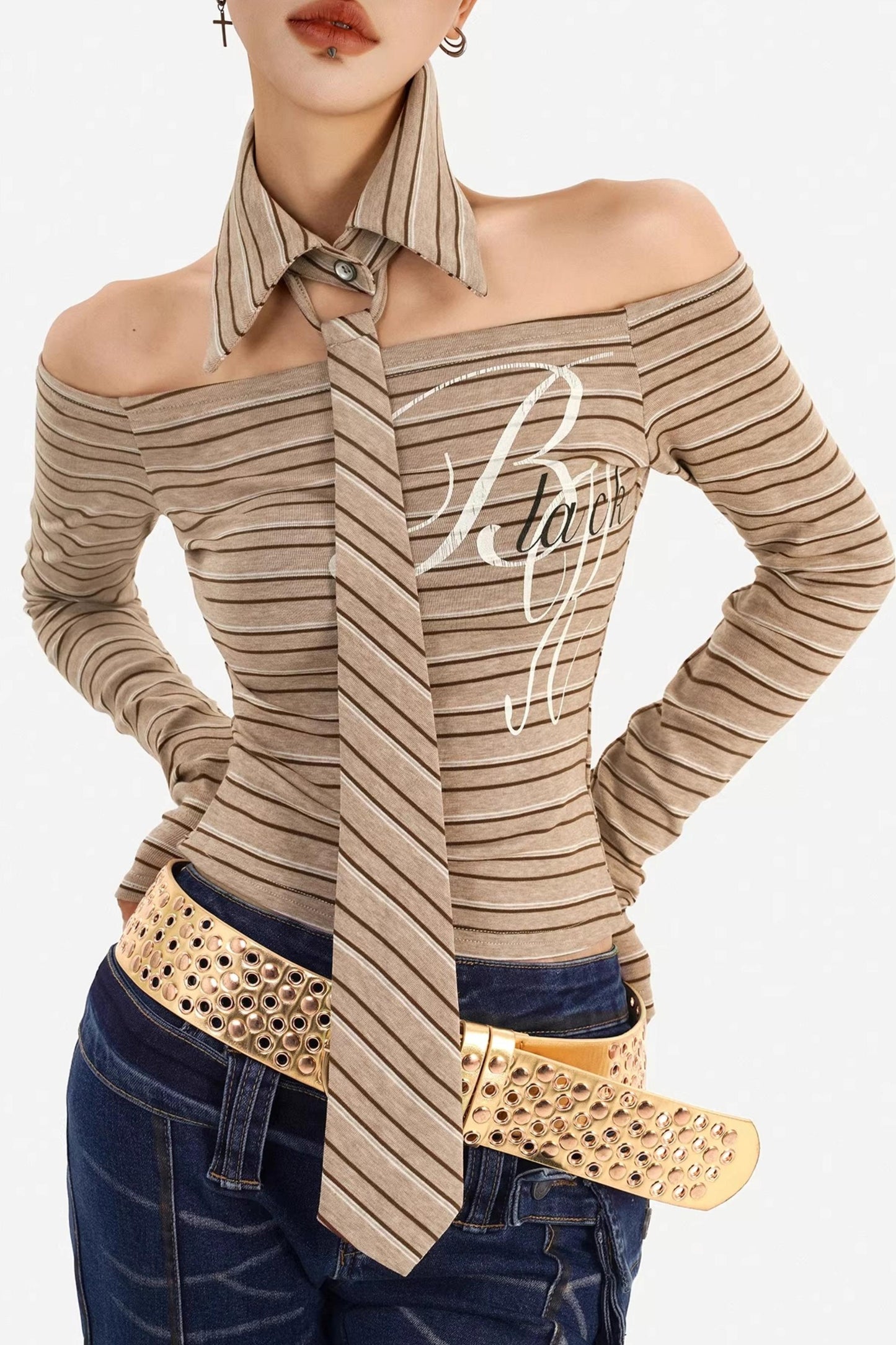 Retro Gestreiftes Off-Shoulder-Top