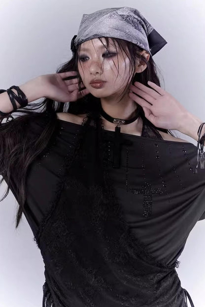 Black Lace-Trimmed Tee