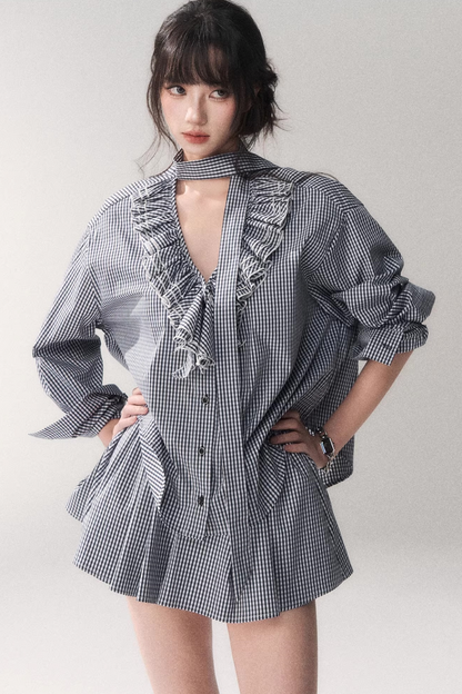 Blue Check Lace Blouse Set-Up