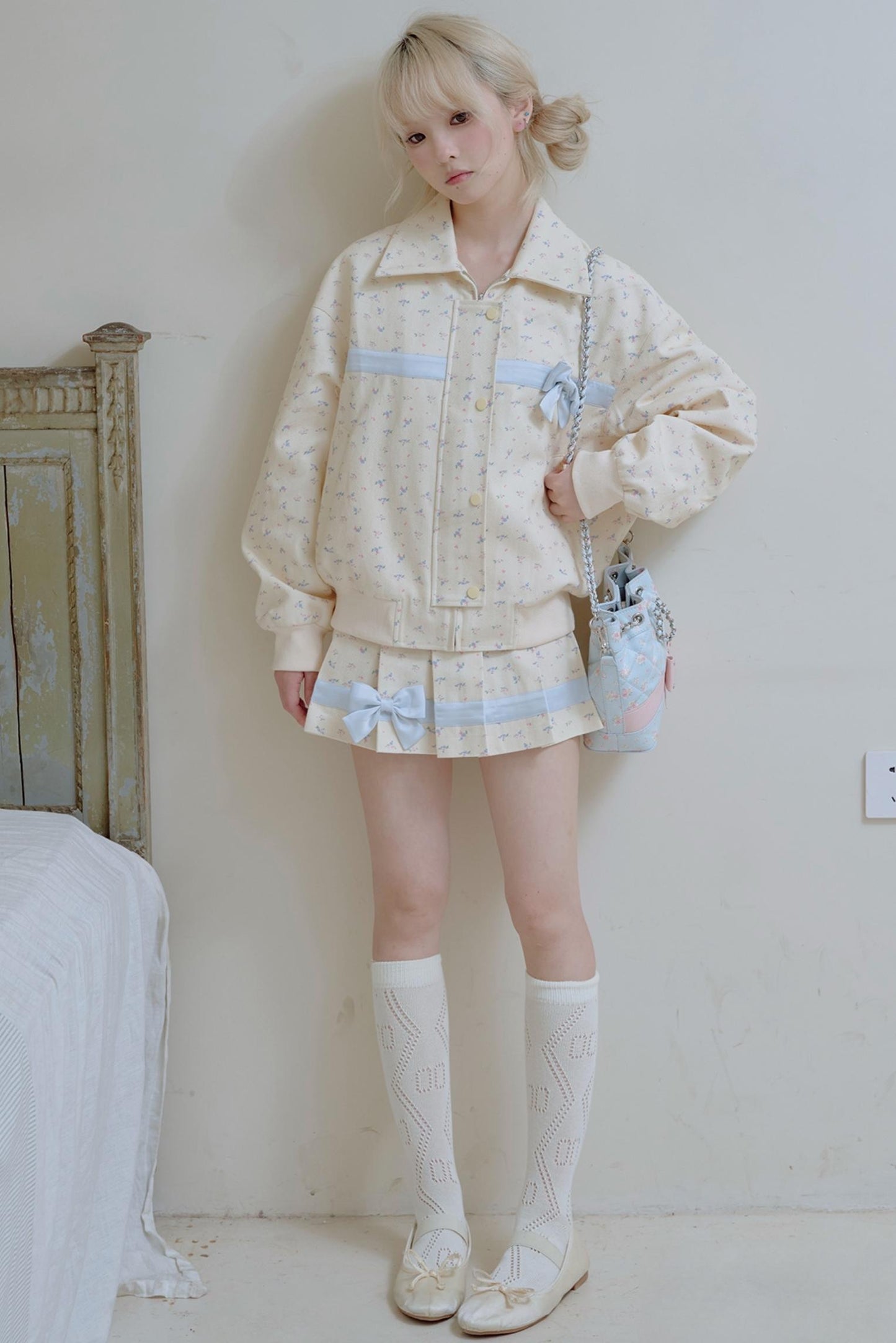 Beige Floral Blue Bow Jacket Set-Up