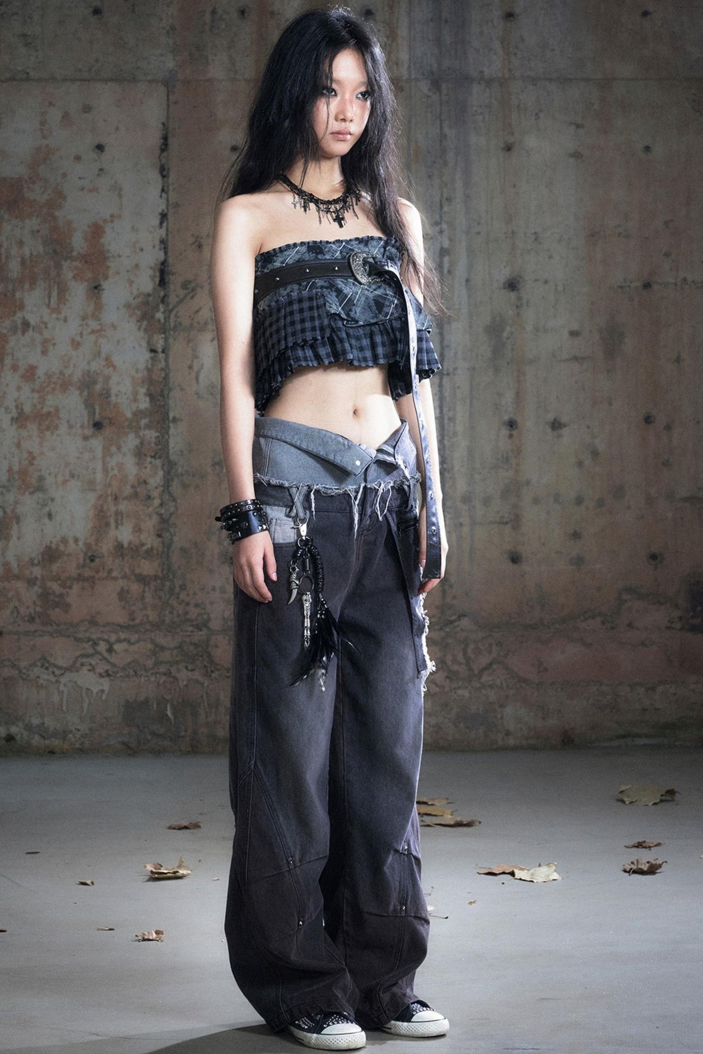Double-Waist Patchwork Wide-Leg Pants