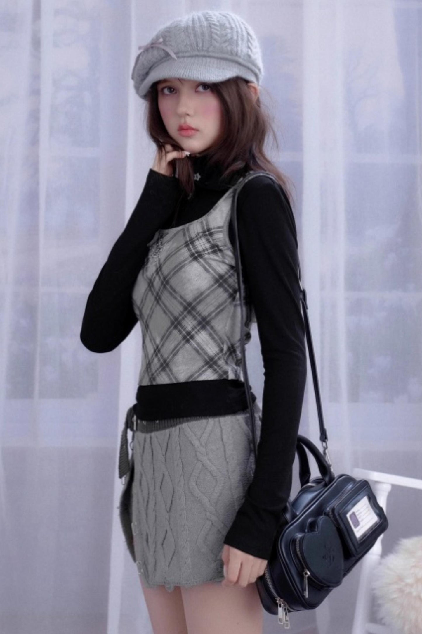 Retro Plaid Turtleneck Fake Two-Piece Top