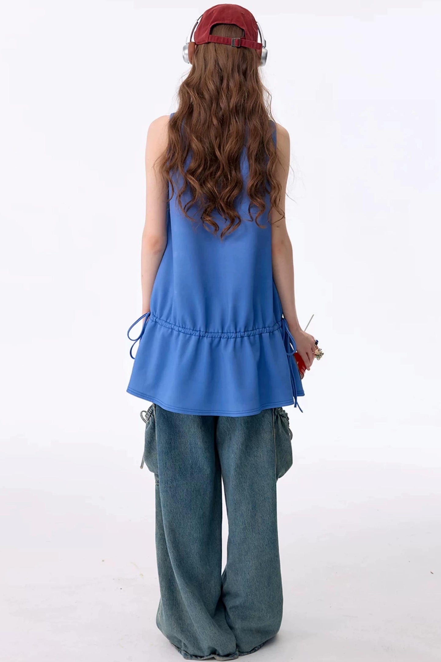 Blaues Retro-Trägerkleid mit Katzenmuster im Straßenmode-Stil