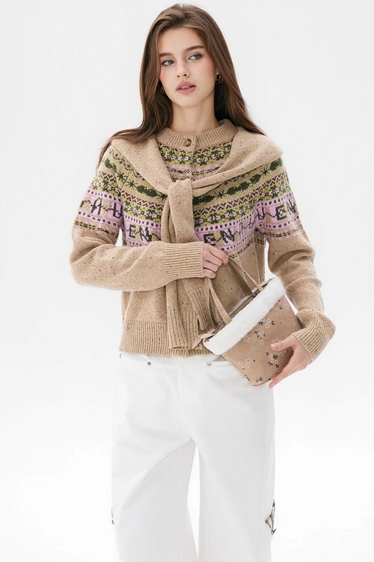 Khaki Fair Isle Wool Cardigan