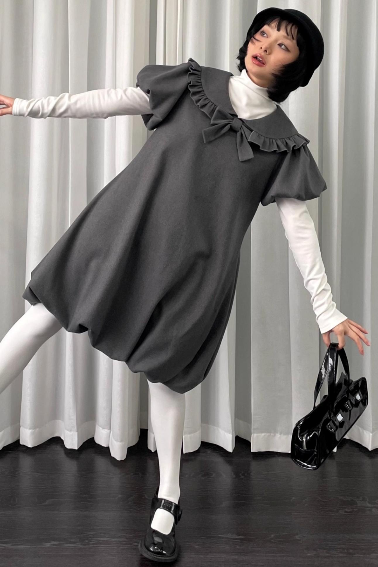 Gray Tweed Bow Lace Puff Sleeve Dress