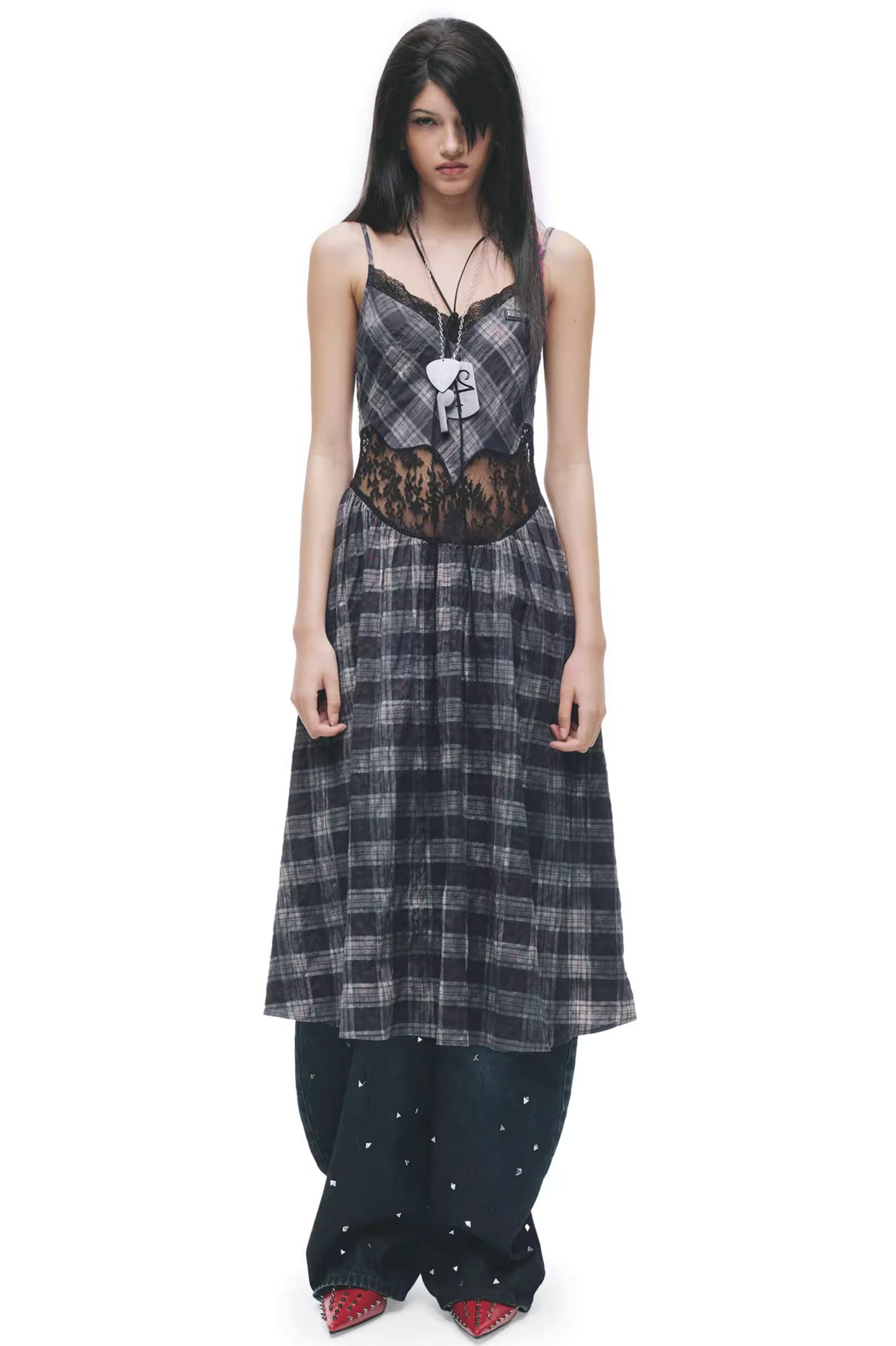 Color-Blocking Karo-Kleid im Distressed-Look